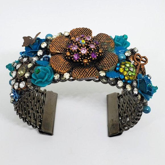 Victorian Steampunk High Detail Copper Turquoise Rose Rhinestone Cuff Bracelet - Picture 3 of 14